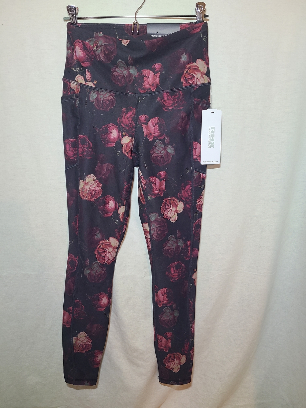RBX Women's Black Leggings with Burgundy Rose Floral Print